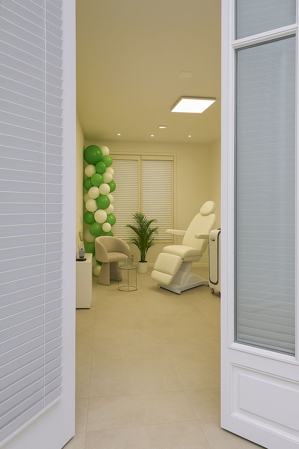 De lichte salon van BeautyNest, gezien door de open deuren